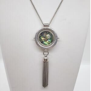 Vintage Abalone Mother of Pearl Reversible Pendant Necklace Silver Tone Tassel